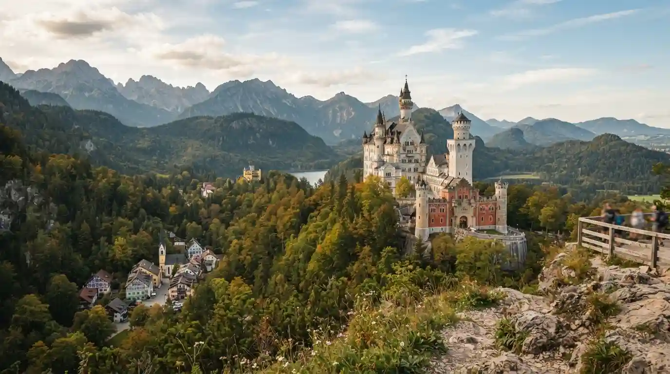 Scenic German castle surrounded by Bavarian mountains and countryside