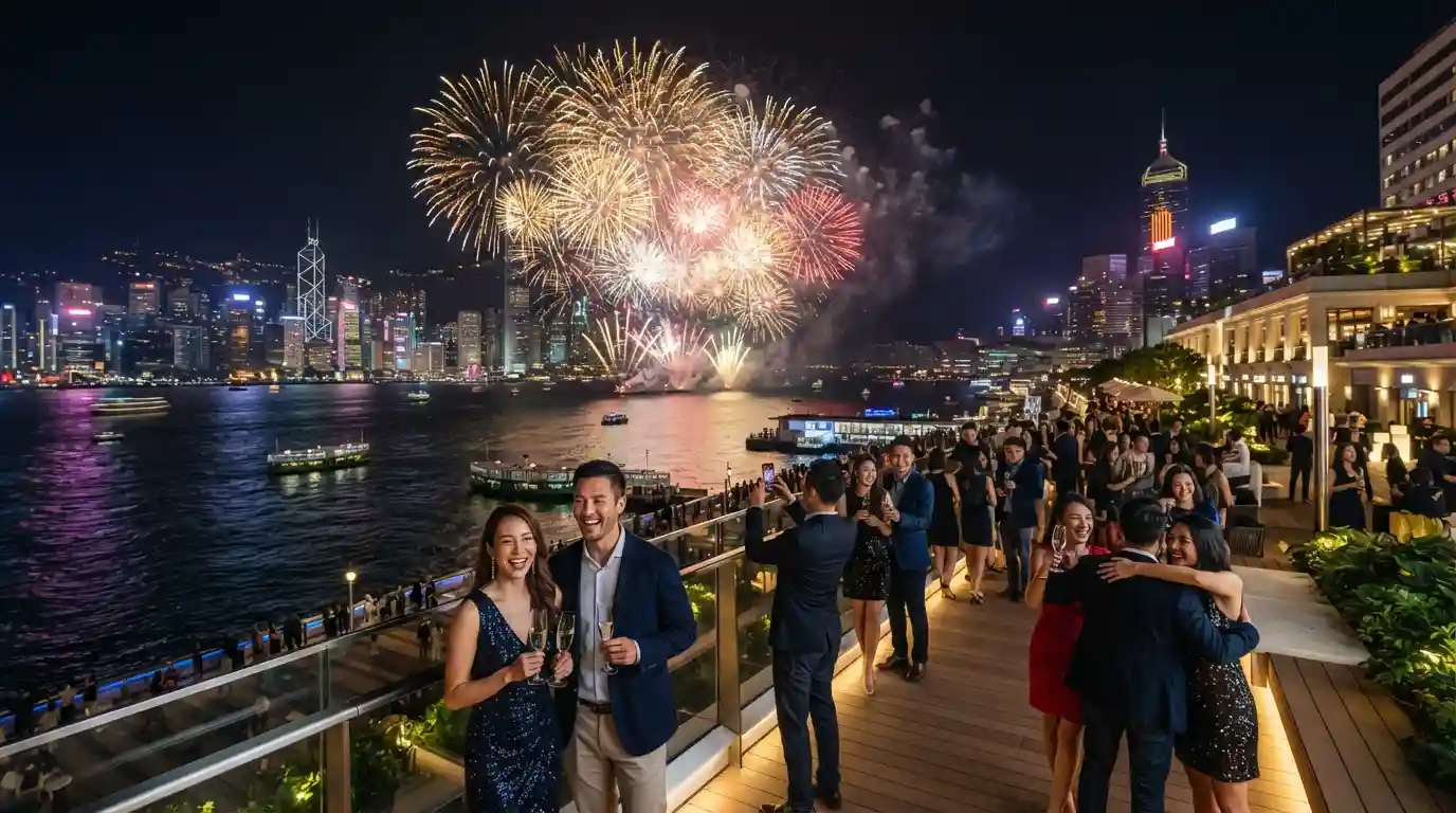 Fireworks illuminate a city waterfront during a New Year’s Eve celebration with travelers watching from a scenic viewpoint.