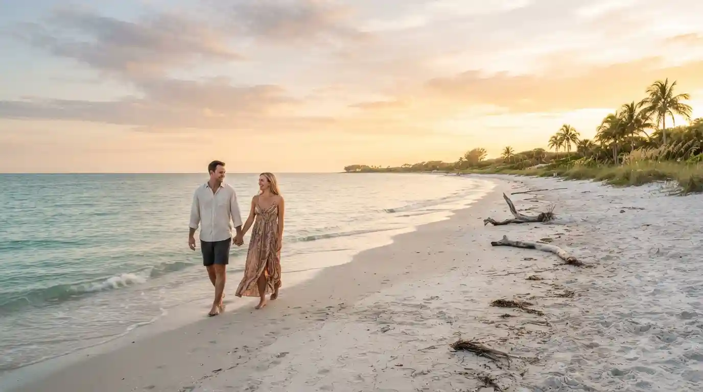 Couple walking together on a Florida beach at sunset with palm trees and turquoise water