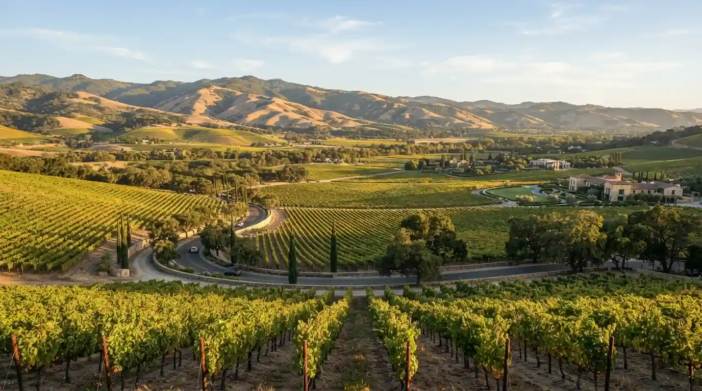 Scenic Napa Valley vineyards and rolling hills in California