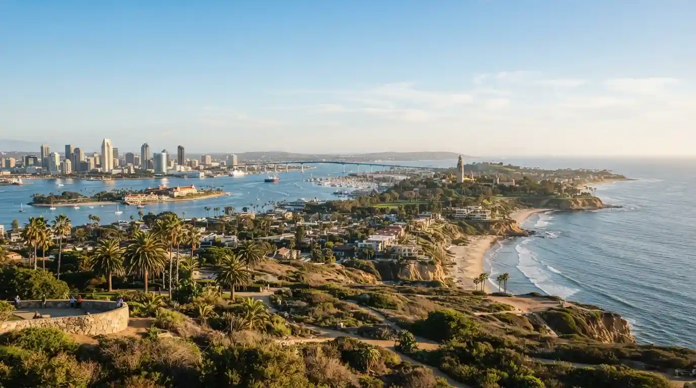 San Diego coastline and city skyline overlooking the Pacific Ocean