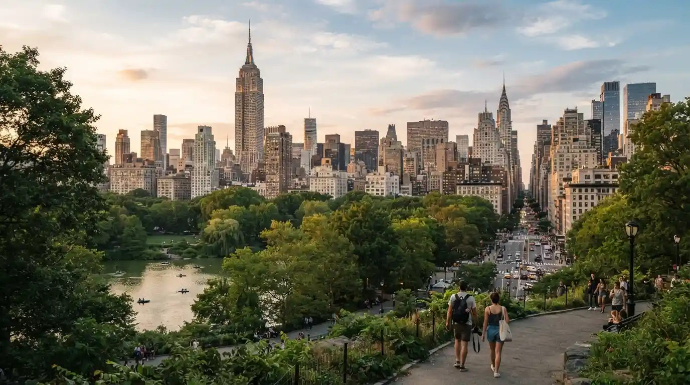 New York City skyline with the Empire State Building rising above Central Park and surrounding city streets