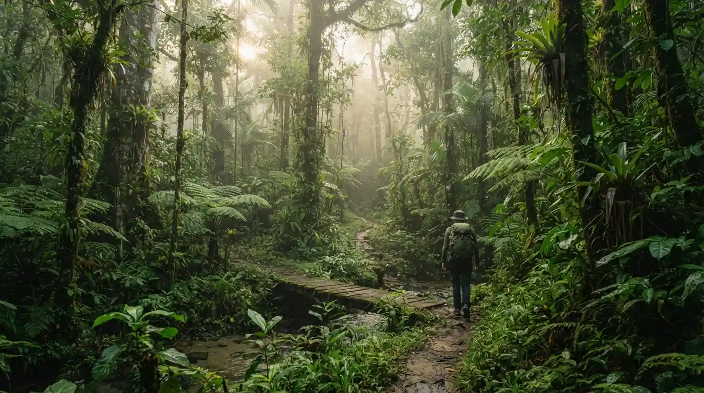Lush tropical rainforest with a hiking trail, dense foliage, and sunlight filtering through the canopy