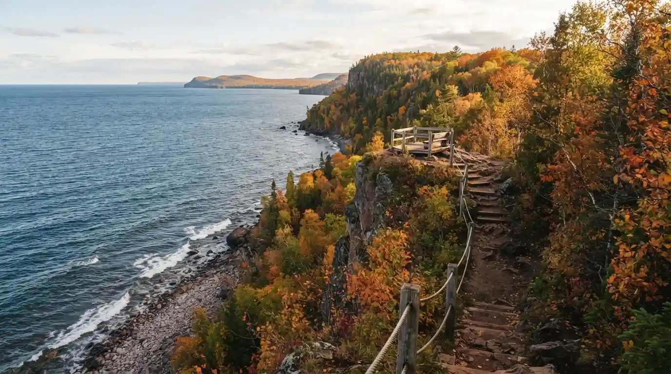 Scenic Northern Michigan landscape with Lake Superior, forested shoreline, and autumn foliage