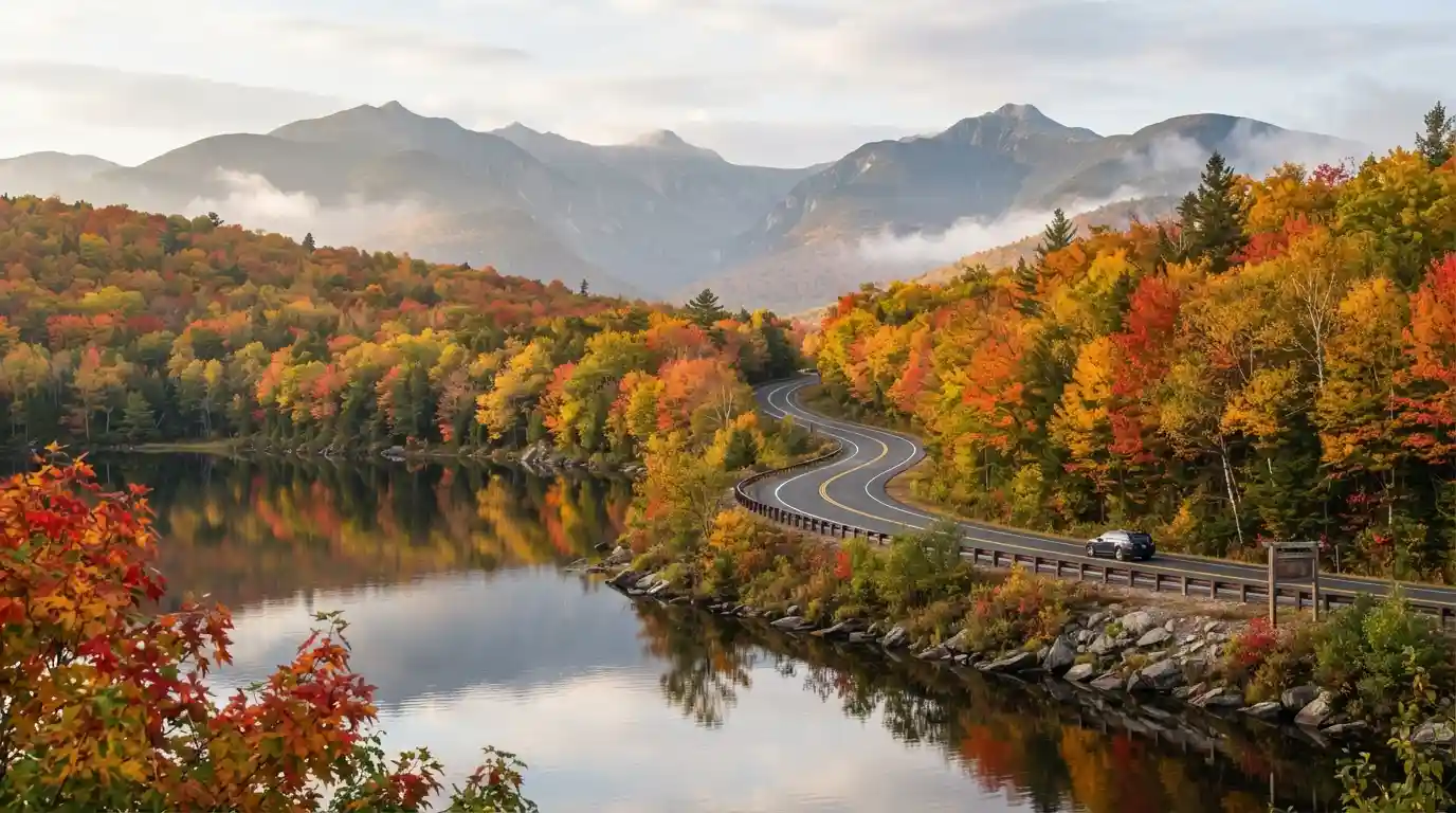 Autumn foliage surrounding a scenic mountain lake in Upstate New York