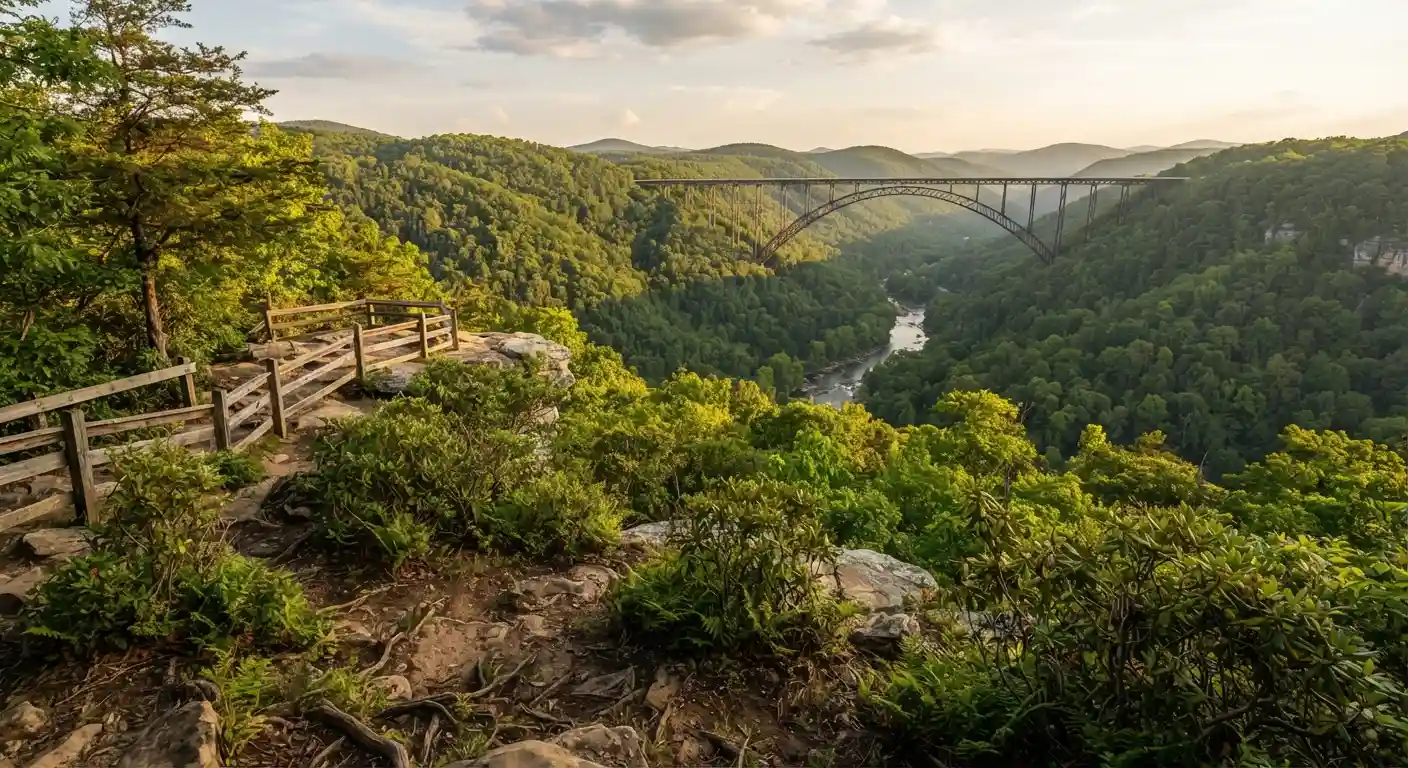 Lush Appalachian mountain landscape and New River Gorge Bridge in West Virginia during summer