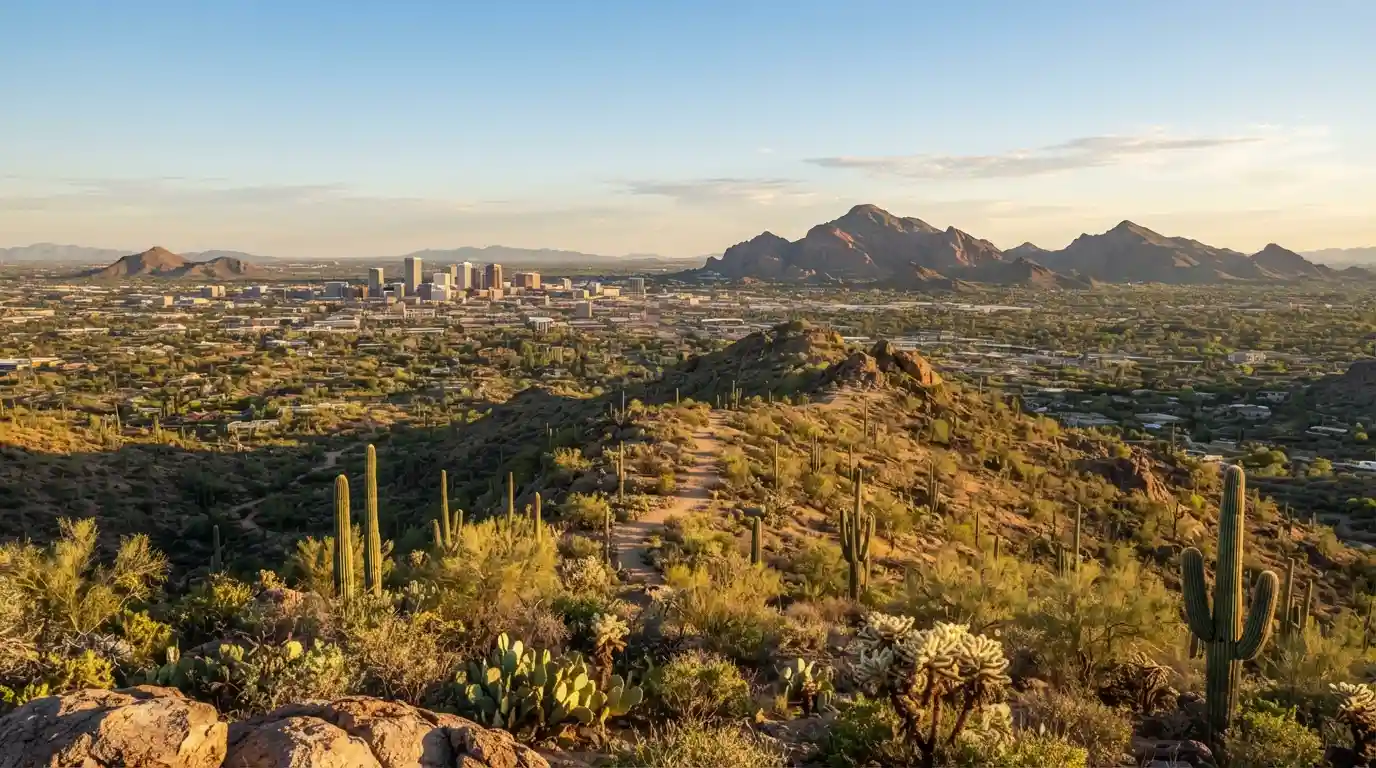 Phoenix Arizona skyline surrounded by Sonoran Desert and mountain scenery