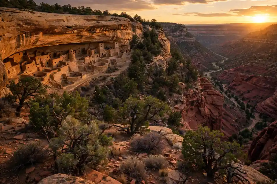 Mesa Verde National Park cliff dwellings at golden hour in Colorado