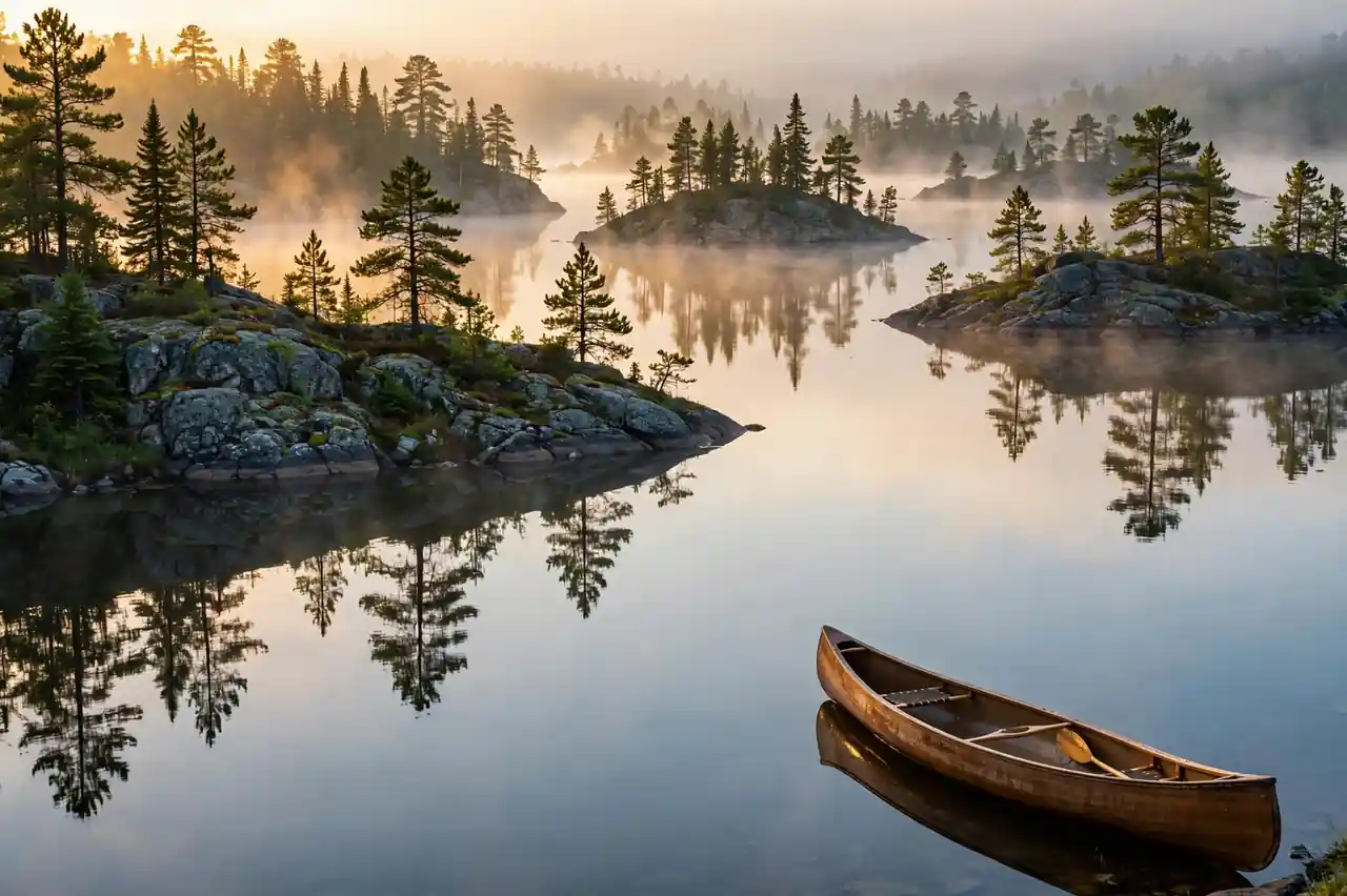 Voyageurs National Park calm lake with pine islands and a canoe at dawn in Minnesota