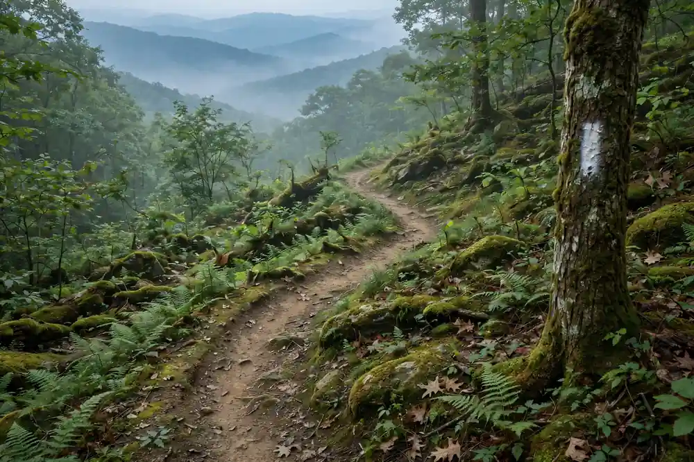 A forest hiking trail on the Appalachian Trail with a white blaze on a tree and misty blue ridges