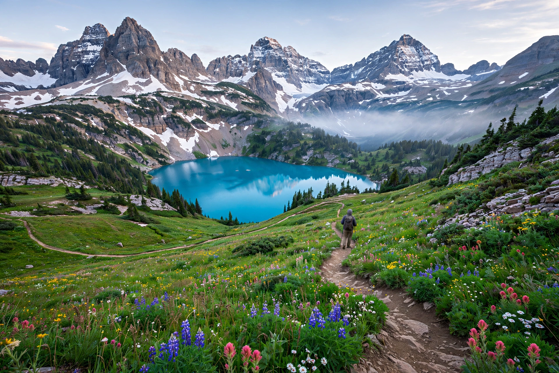 Turquoise glacial lake and jagged peaks along a hiking trail in Glacier National Park Montana