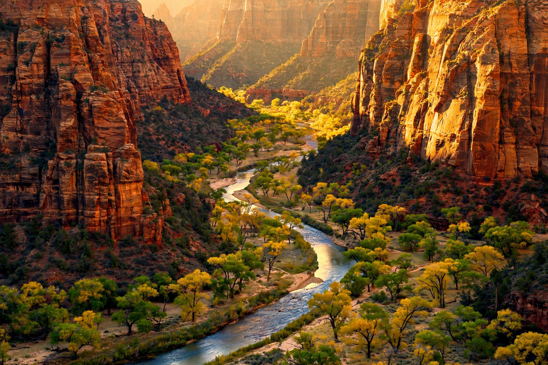 Red sandstone cliffs of Zion Canyon rising above the Virgin River at golden hour