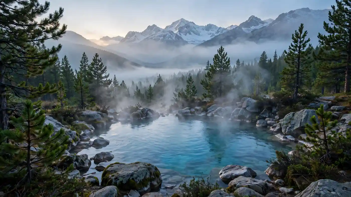 Steaming natural hot spring pool at dawn in a mountain forest