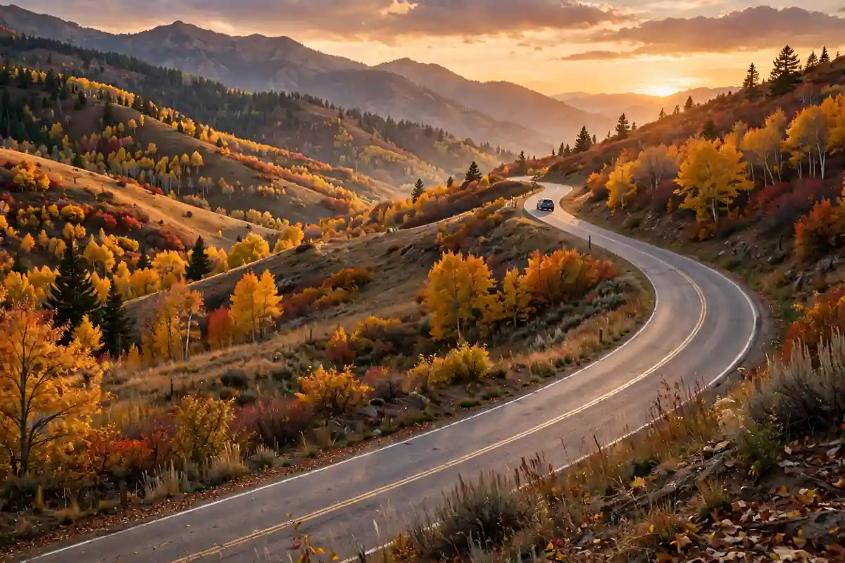 A scenic mountain road curving through autumn hills at sunset in the USA