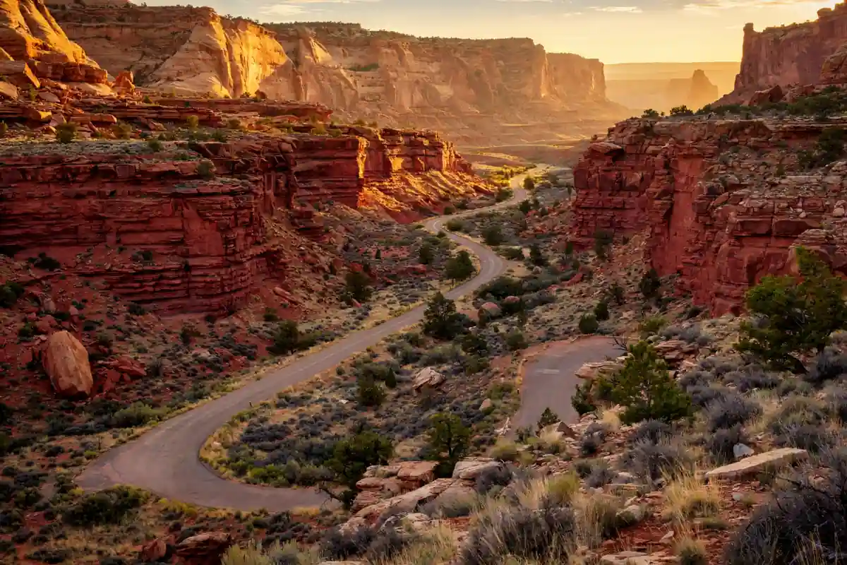 Red sandstone cliffs and a winding road in Capitol Reef National Park at golden hour