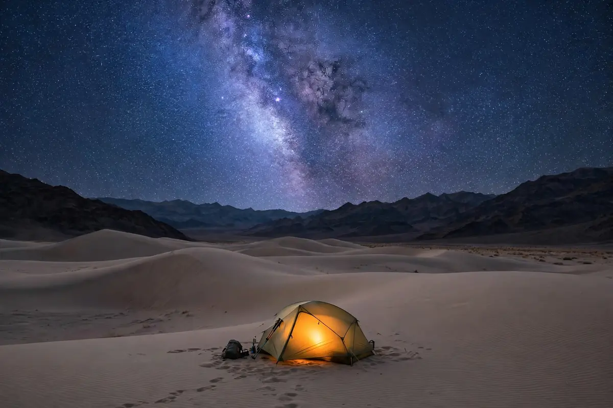 A glowing camping tent under the Milky Way among Death Valley sand dunes at night
