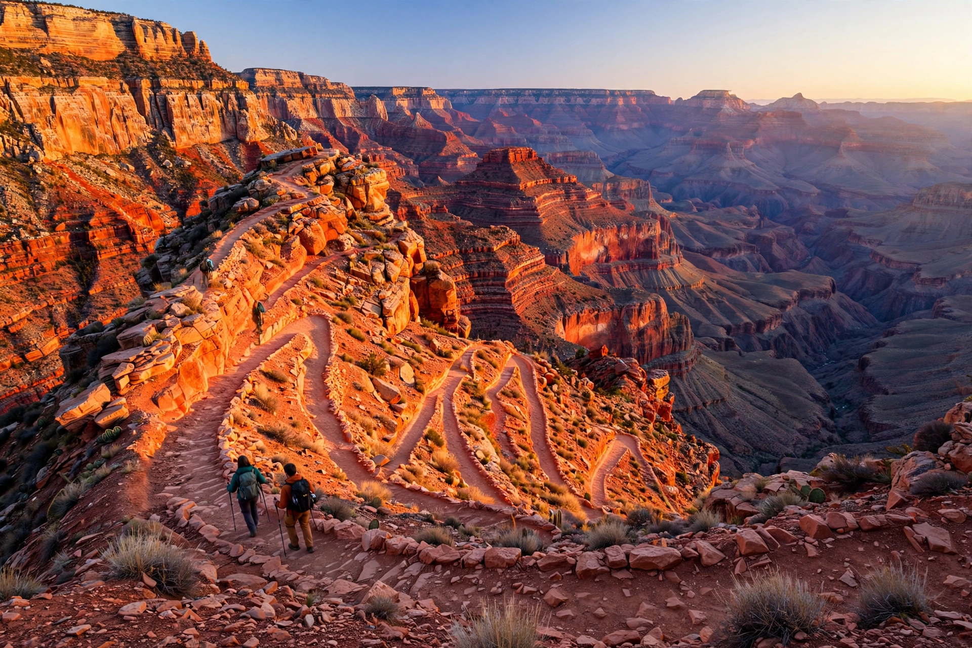 Sunrise over the Grand Canyon's South Kaibab Trail switchbacks and layered red rock formations