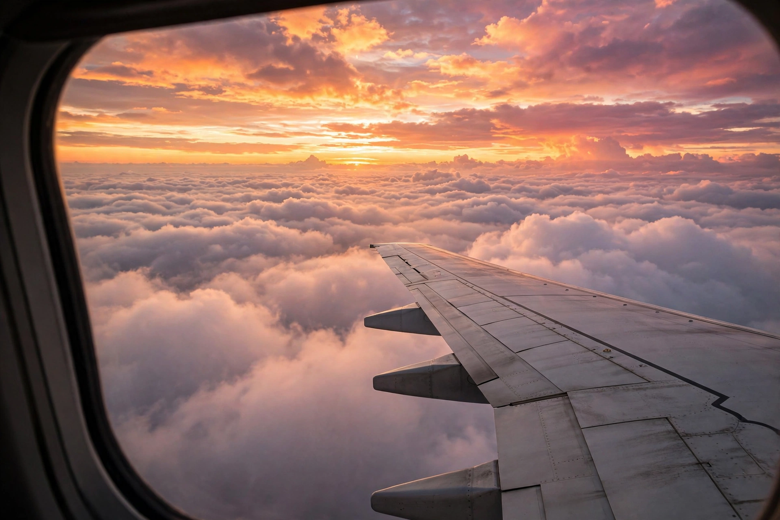 Airplane wing above clouds at sunrise, cheap flights tips for 2026