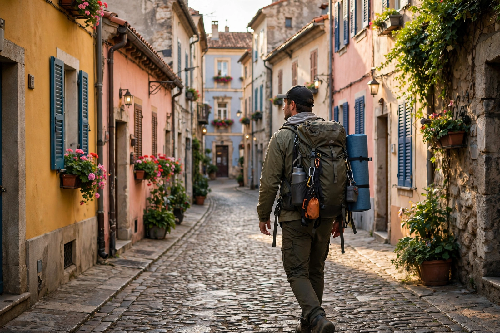 Backpacker exploring a European old town, budget backpacking tips
