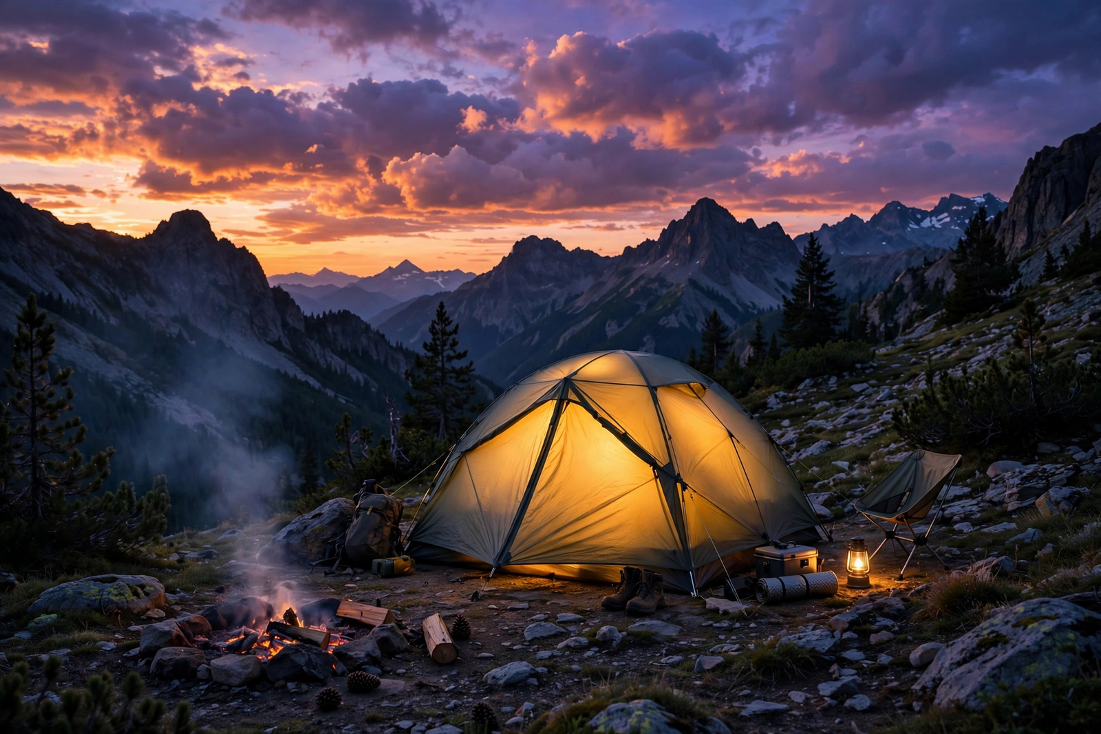 Camping tent at dusk in the mountains, camping tips for beginners