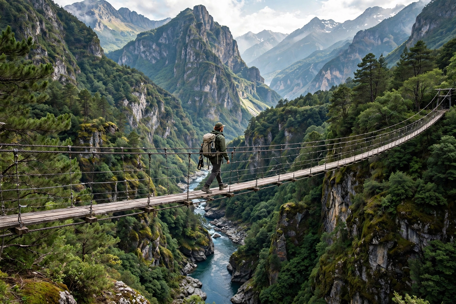 Hiker crossing a suspension bridge, thrilling adventure activities in the USA