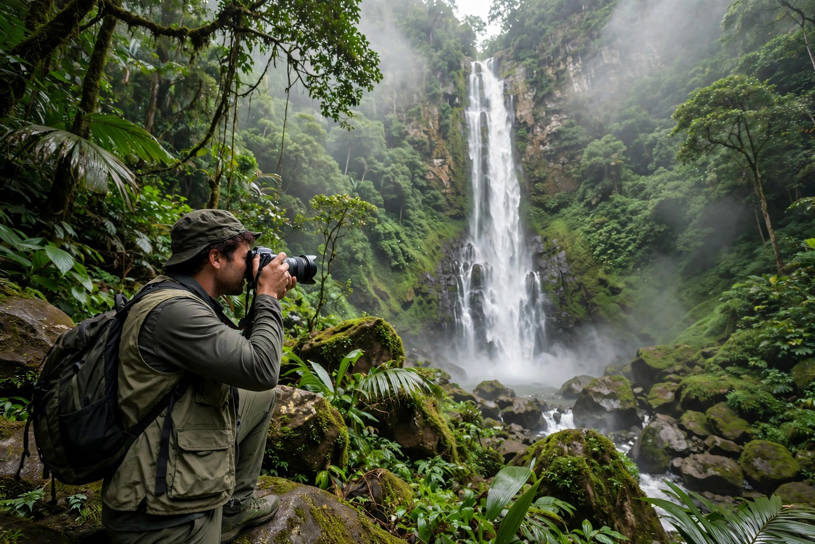 Photographer capturing a waterfall, travel photography tips for beginners