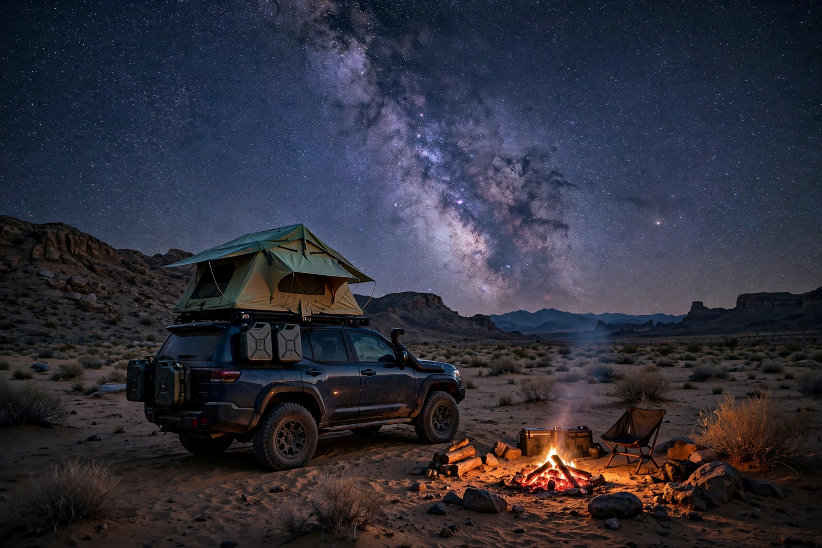 Rooftop tent under a starry sky on a USA road trip