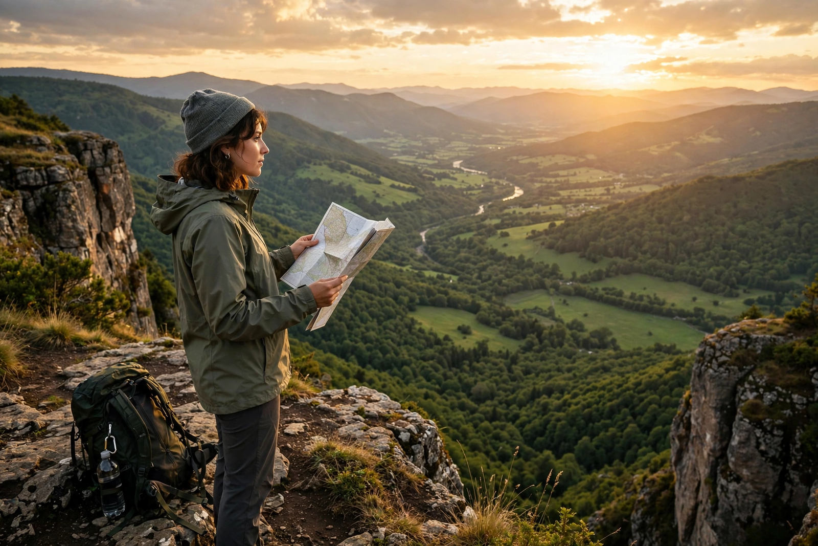 Traveler reading a map overlooking a valley, USA travel guide for first-time visitors