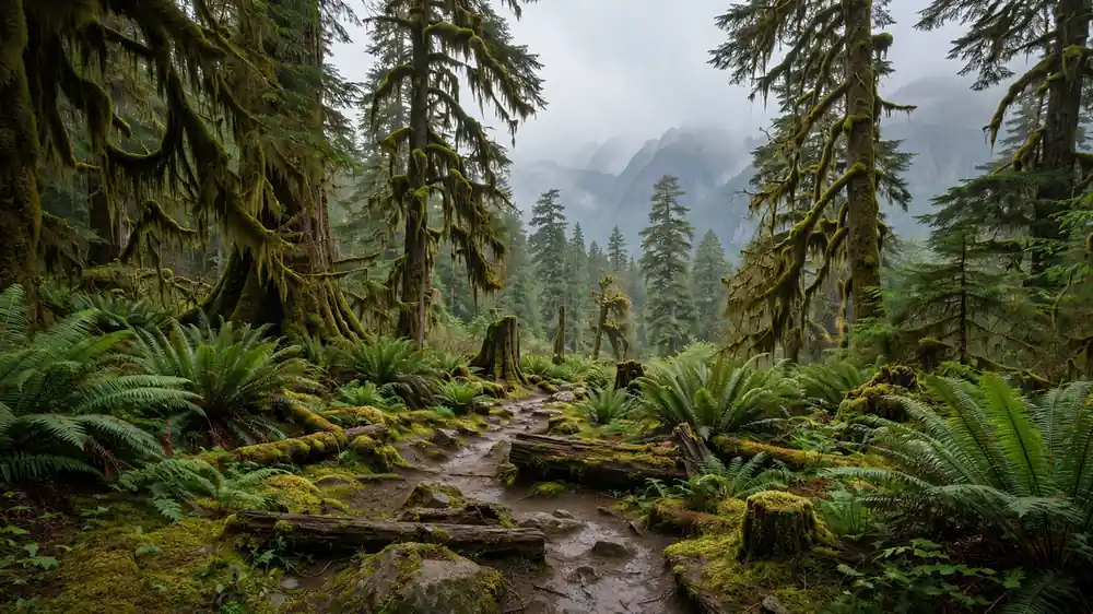 Moss-draped rainforest trail in Olympic National Park, Washington