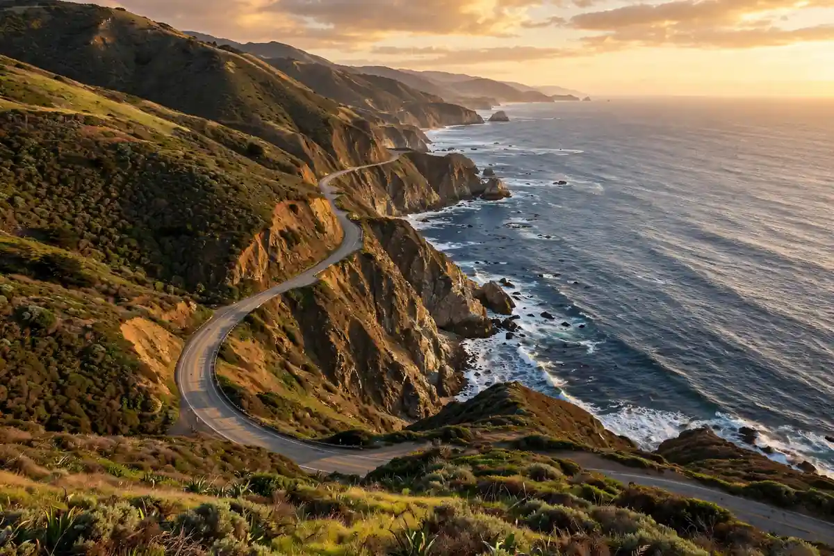 Pacific Coast Highway winding along Big Sur cliffs above the ocean at golden hour