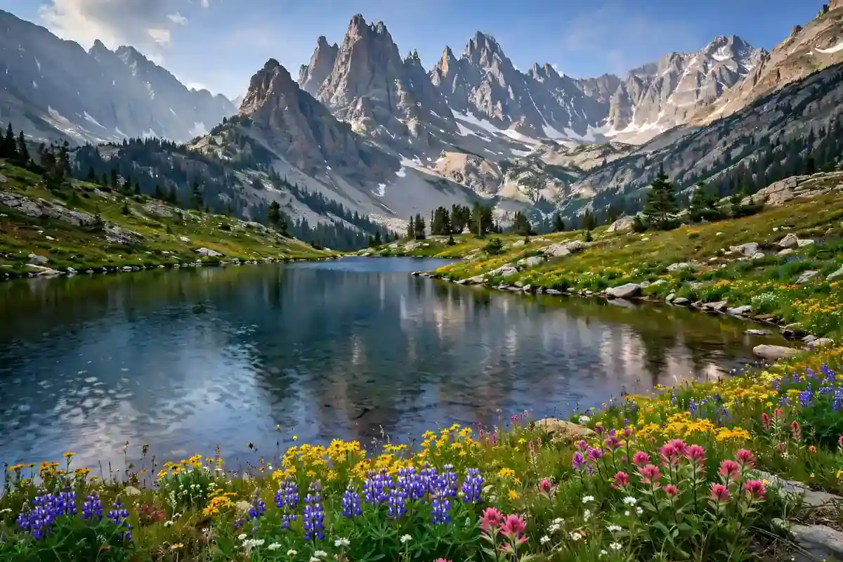 Alpine lake with jagged mountain peaks and wildflowers in Rocky Mountain National Park