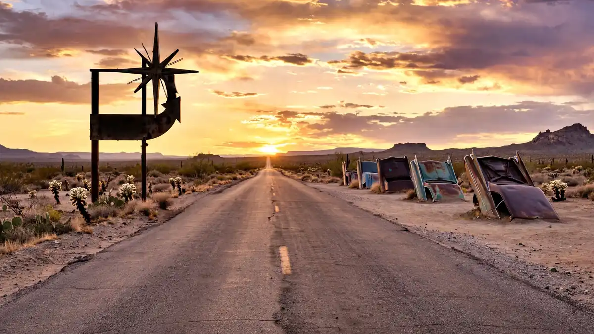 Historic Route 66 desert highway at sunset with vintage neon sign and classic cars