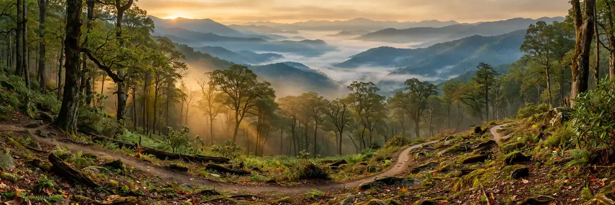 Misty layered mountain ridges at sunrise in the Great Smoky Mountains with a hiking trail through old-growth forest
