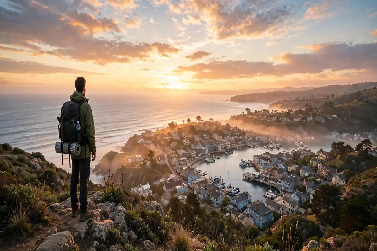 Solo traveler with backpack overlooking a USA coastal town at sunrise