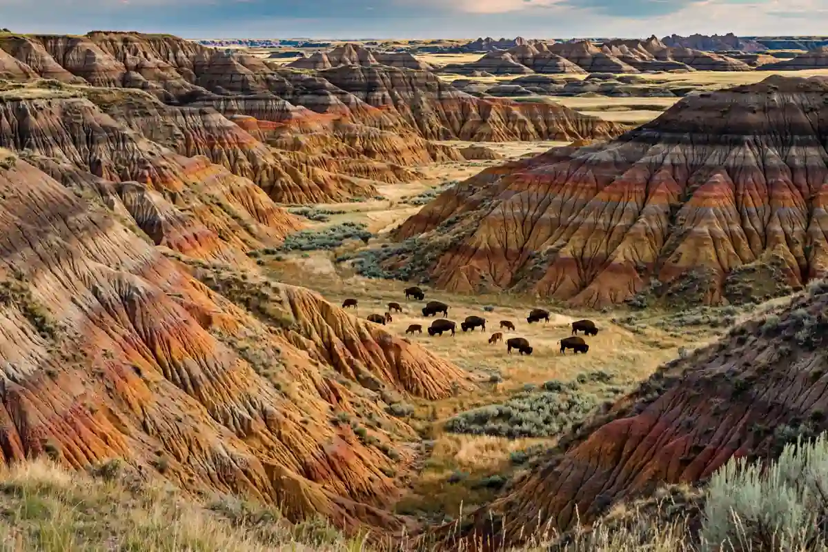 Painted Canyon badlands in Theodore Roosevelt National Park with bison grazing