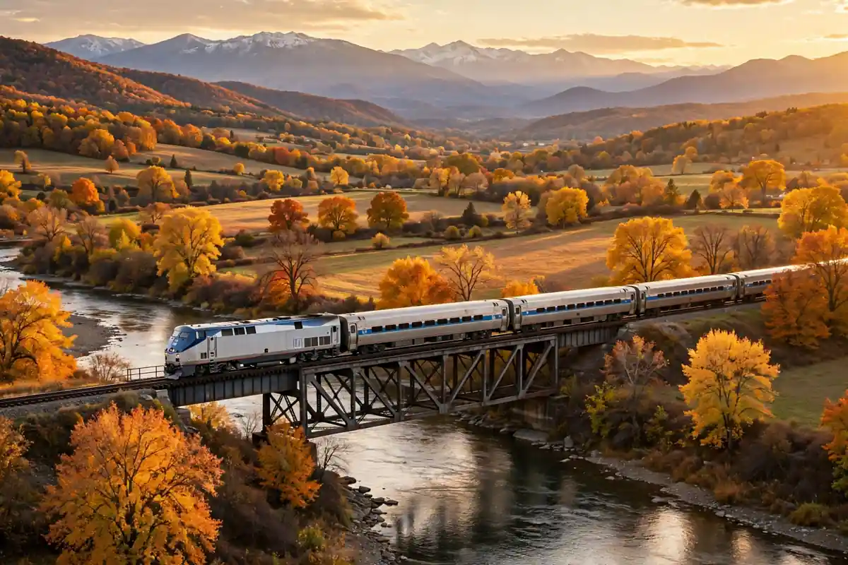 USA train crossing a river bridge through autumn countryside at golden hour