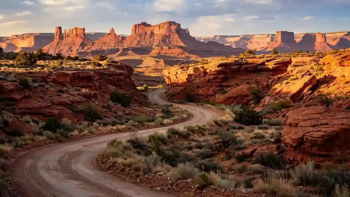Desert road winding through red rock mesas in Utah canyon country
