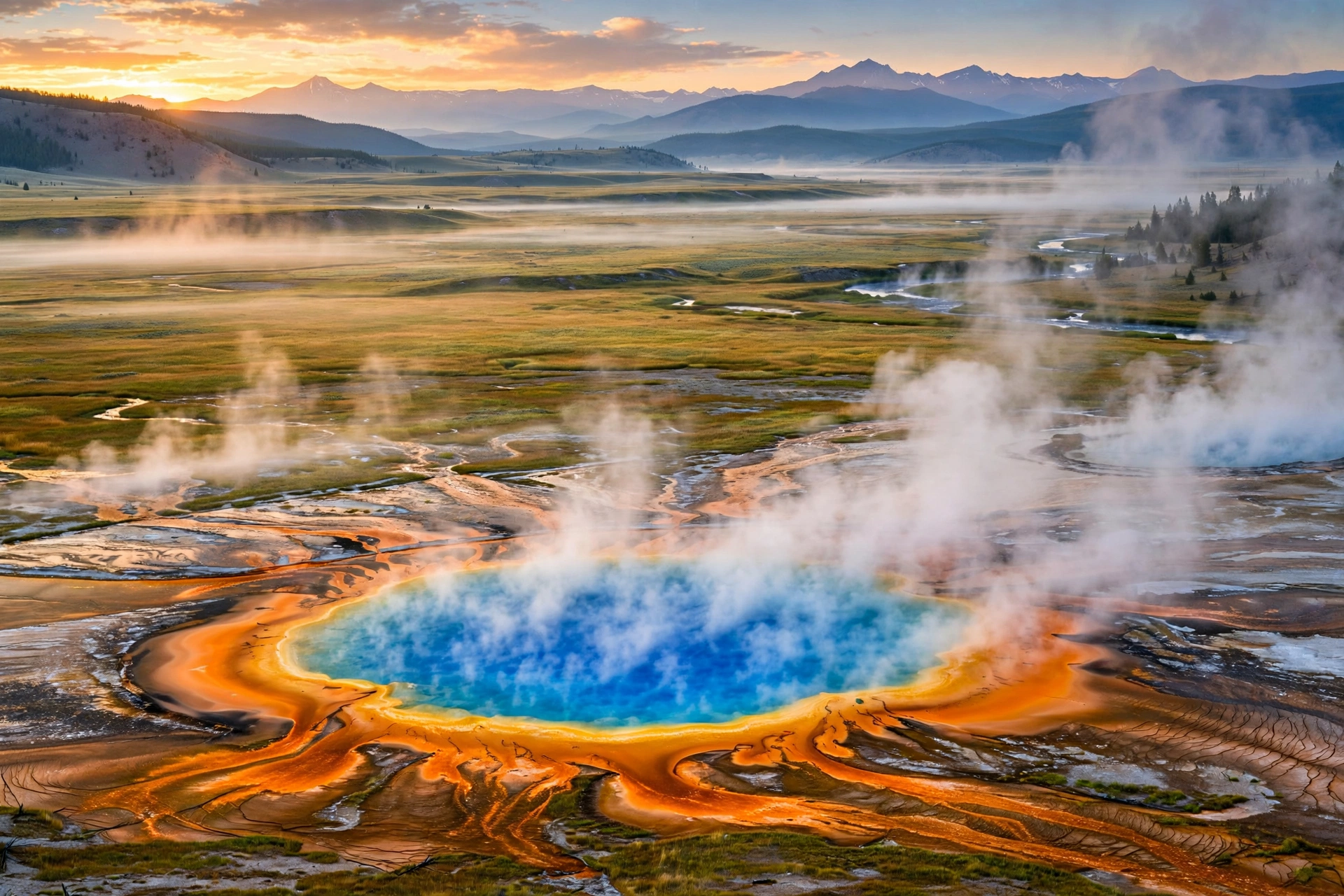 Grand Prismatic Spring in Yellowstone National Park with steam rising at sunrise